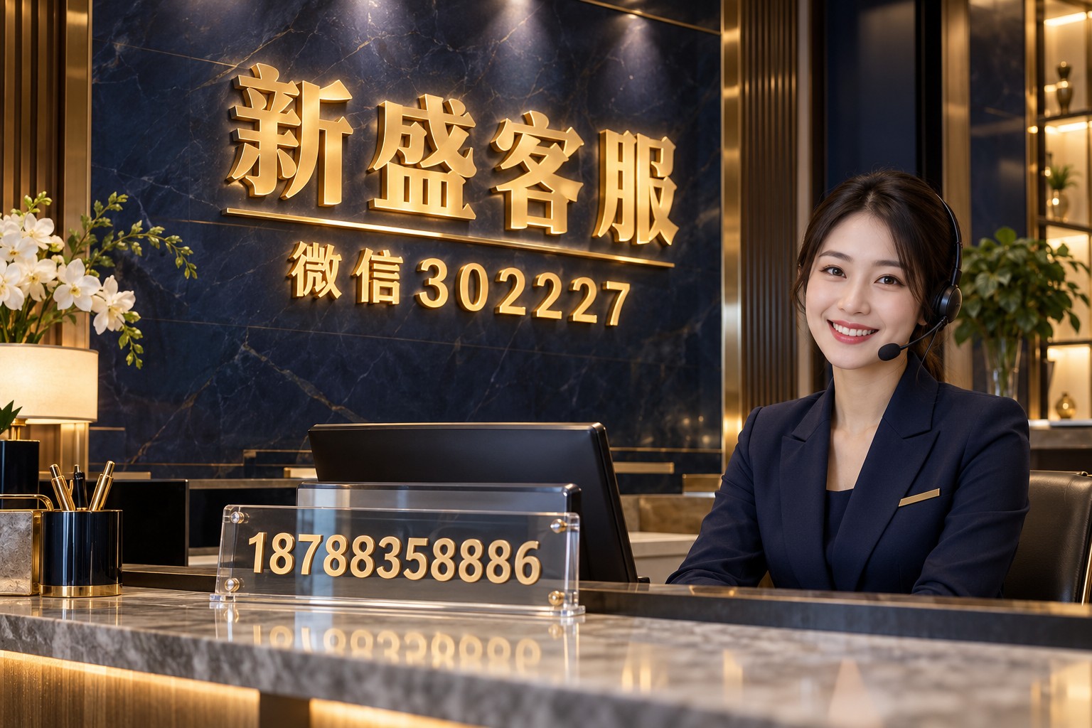 新盛客服接待场景，墙面微信302227，电话18788358886